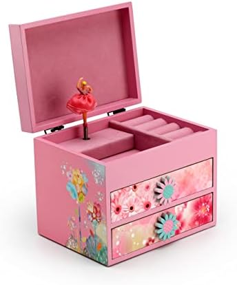 Pink drvena cvjetna tema 18 Napomena Spinning Ballerina Music Box - Mnoge pjesme koje treba odabrati - kada