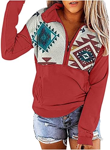 Ženska četvrtina pulover pulover Casual block dukserica u boji Vintage dugi rukavi štampani vrhovi sa džepovima