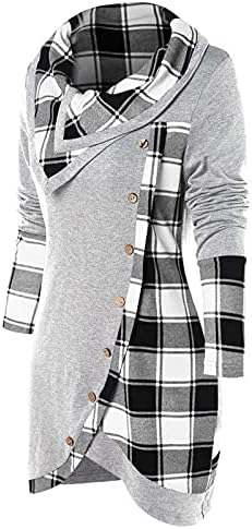 Dugi rukav asimetrični pulover za žene karirani duks sa dugmetom Casual Cowl vrat Tunic bluza Tops