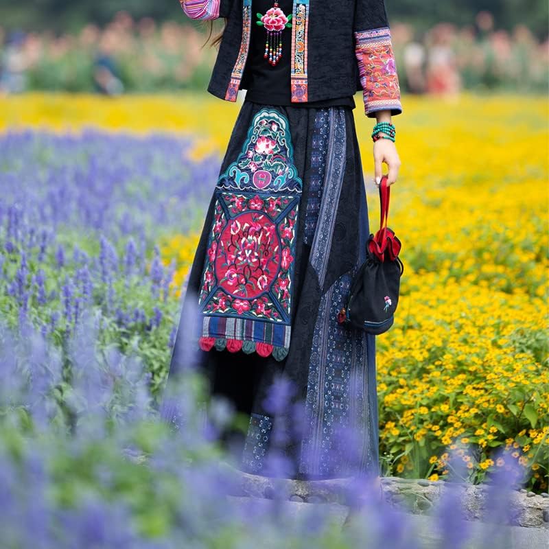 UKTZFBCTW Proljeće A-line suknje Veze za vez zastoj etničkih žena Kinesko stil Duge široke noge Skirt pamuk