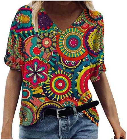 Ženski Ljetni Vrhovi Dressy Casual Kratki Rukav V Izrez Majice Vintage Print Slatke Majice Trendi Labave