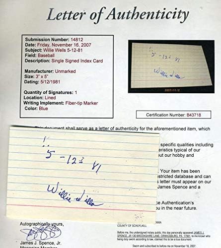 Willie Wells JSA Autograph 3x5 Indeksna kartica Autentična ruka potpisana