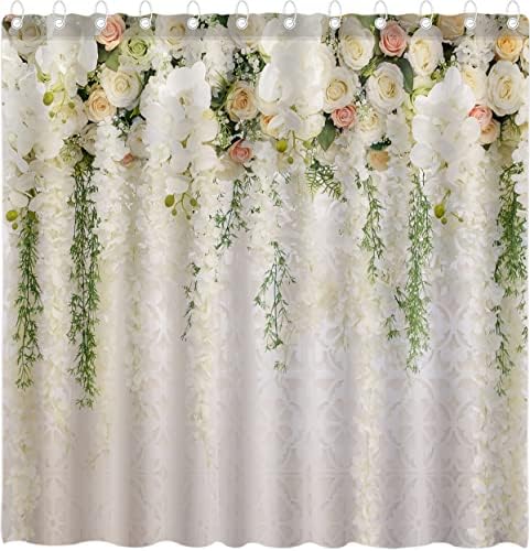 DEPPOTO Cvjetni bijeli cvjetni zidni tuš zavjesa za kupatilo Šareno slatko moderno vjenčano zeleno lišće