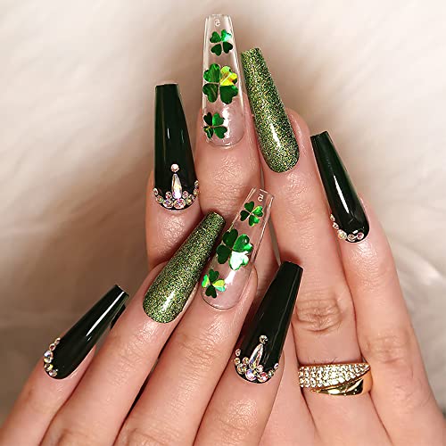 St. Patrick Dan pritisnite na noktima dugi kovčeg lažni nokti zeleni lažni nokti sa sjajnim 3d Shamrocks