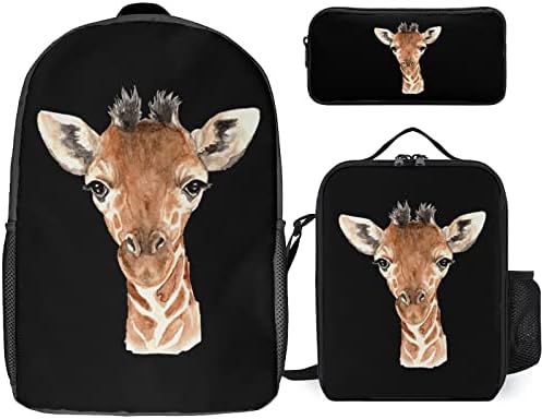 Životinjski akvarel printova Giraffe 3-komadni kombinirani set putni ruksak s izoliranim torbom za ručak