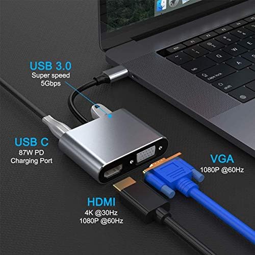 Wisyifil USB C u HDMI VGA adapter, USB tip C Digital AV Multiprti adapter, Thunderbolt 3 pretvarač na HDMI 4K + VGA 1080P + USB3.0 + brz priključak za punjenje, za MacBook / iPad Pro / Air / Galaxy S8 / S9