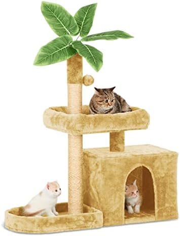 TSCOMON 31.5 Cat Tree Cat Tower za zatvorene mačke sa zelenim listovima, Cat Condo udobna plišana kuća za
