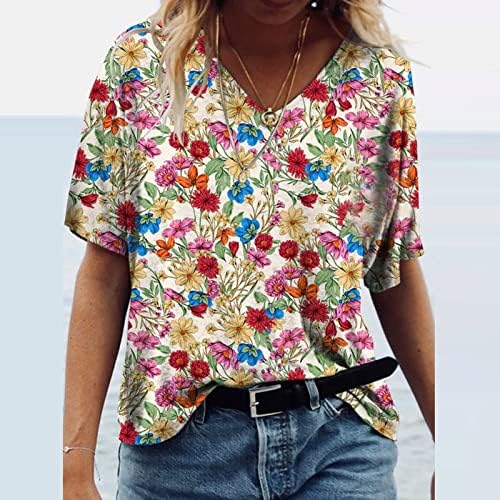 Ženske ljetne košulje 2023 Vintage Dressy Loose vrhovi Boho Print Henlly majica V izrez Casual Trendy Tshirts