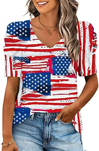 Patriotske košulje za žene Dan nezavisnosti vrhovi puff kratkih rukava V izrez TEE bluze casual američke