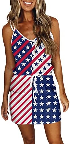 4. jula haljina za žene Summer Stars Stripes Tank haljina sa džepovima elastični struk V-izrez Mini sarafan bez rukava