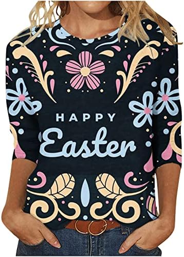 3/4 rukav Uskršnje majice za žene slatka zečja jaja štampana majica okrugli vrat grafička bluza labavi kroj